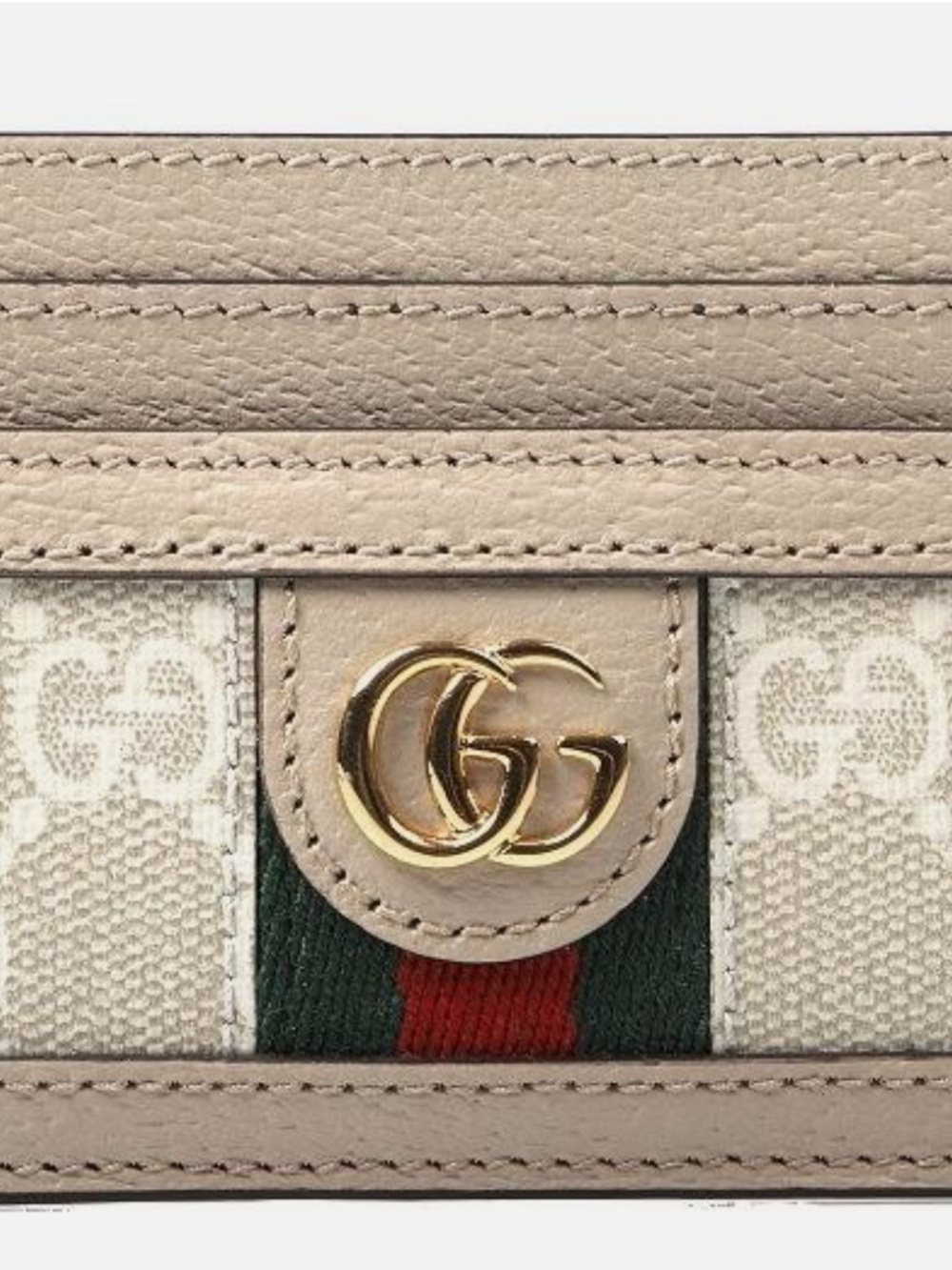 Gucci Beige GG Web Stripe Leather Card Case with Gold Logo